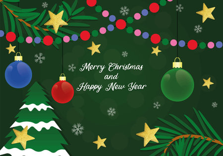 merry christmas banner with christmas toys, snowflakes, stars, branchesのイラスト素材