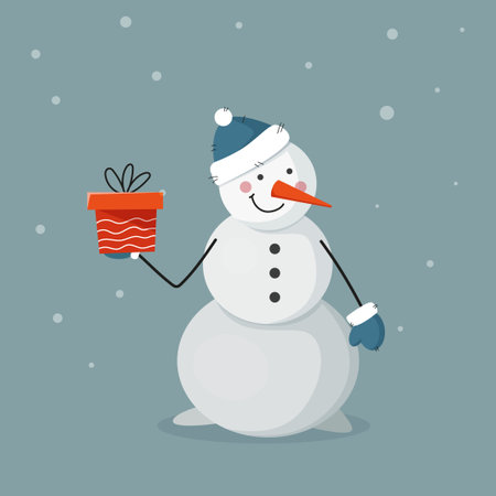 christmas cartoon character snowman with a gift wearing a hat and mittensのイラスト素材