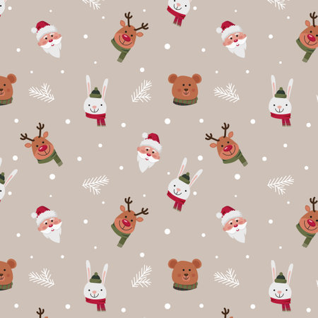 funny christmas pattern cartoon deer santa claus hare and bearのイラスト素材