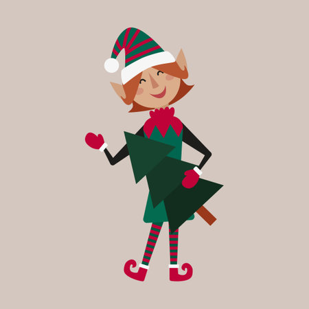 Christmas fairy tale character elf holding a Christmas tree in his handsのイラスト素材