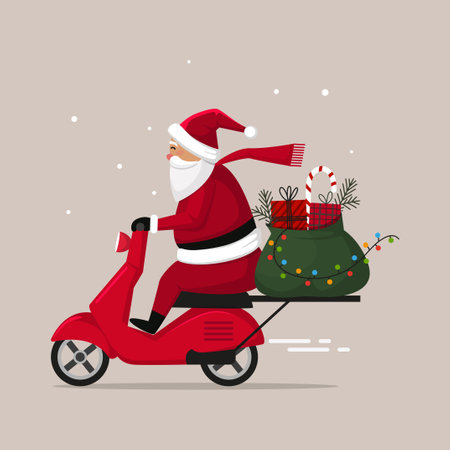 Christmas character Santa Claus on a red scooter with a bag of gifts on the trunkのイラスト素材