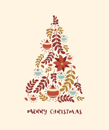 Christmas card with a Christmas tree made of leaves and Christmas decorationsのイラスト素材