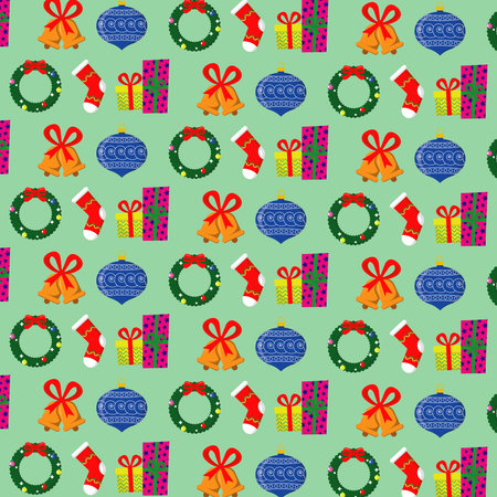 merry christmas pattern with christmas wreath, glass ball, sock, bells, and gifts