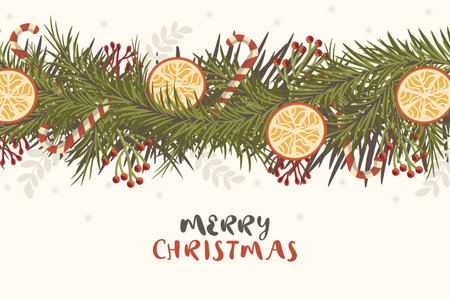 Hand drawn new year merry christmas background with composition of fir branches and orangeのイラスト素材