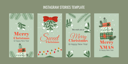 set of christmas templates for  stories mistletoe twigs gifts garlands and congratulatory inscriptionsのイラスト素材