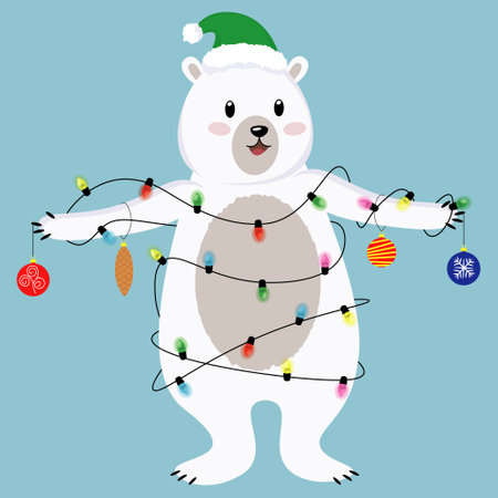 christmas character of white bear wearing in green hat and garland with christmas toysのイラスト素材