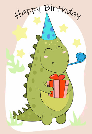 Cute cartoon dinosaur celebrates his birthday in illustrationのイラスト素材