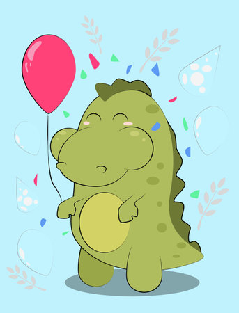 Cute dinosaur with a red ball celebrates his birthdayのイラスト素材