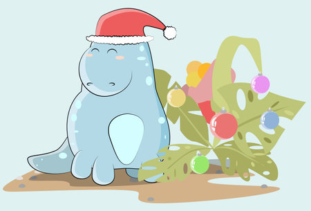 Dinosaur in Santas hat adorned fern by new yearのイラスト素材