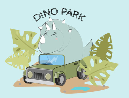 Dinosaur by car rides with a bunch of green foliageのイラスト素材