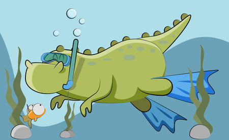 green dinosaur swims in the ocean and rejoices at the fishのイラスト素材