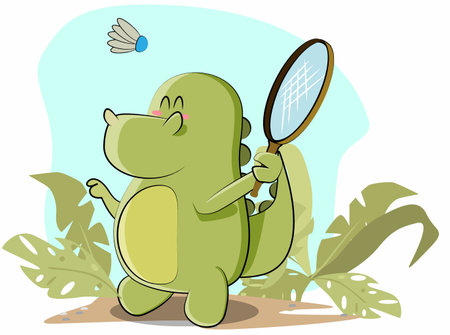 The little dinosaur decided to play badminton in the early morningのイラスト素材