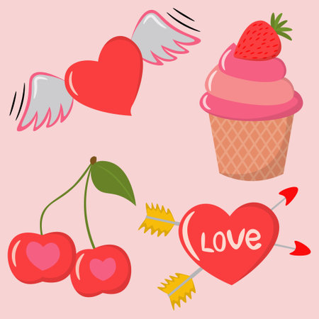 saint valentines day picture set with flying heart, cake, cherry and heart with arrowsのイラスト素材