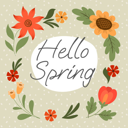 spring card with cute flat flowers and lettering hello springのイラスト素材