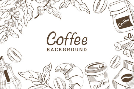 background coffee hand drawings coffee leaves grains and takeaway cupのイラスト素材