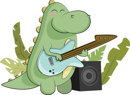 Cute green dinosaur playing electric guitar in illustrationのイラスト素材