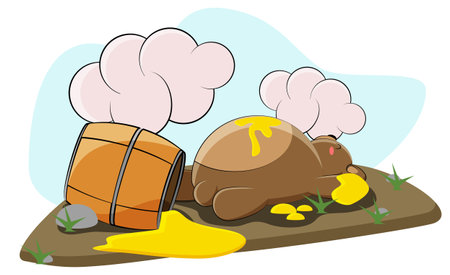 A cute bear ate too much honey and went to bed next to a large barrel of honeyのイラスト素材