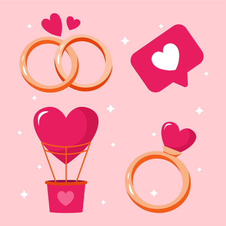 set of valentines day elements heart balloon ring with heart shaped karmev wedding rings and like iconのイラスト素材