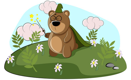 cute little bear dressed up as a magician and came to the meadowのイラスト素材