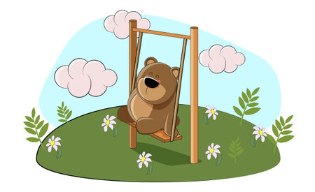 Cute bear cub rides and swings and restsのイラスト素材