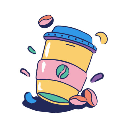 hand drawn yellow takeaway coffee cup with coffee beansのイラスト素材