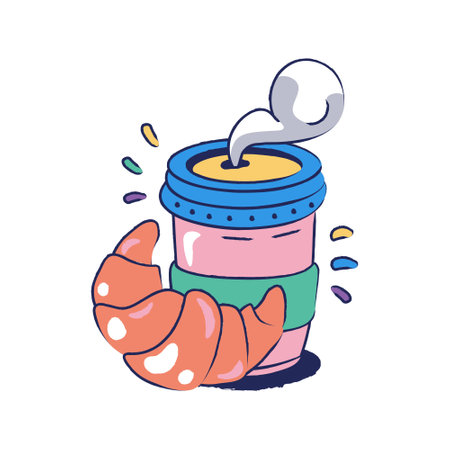 hand drawn takeaway coffee cup with croissantのイラスト素材