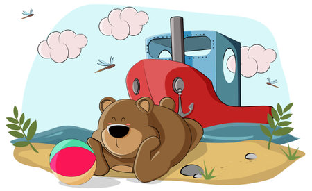 A cute bear cub is resting on the beach by the sea and playing with a ballのイラスト素材