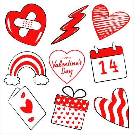 set of happy valentines day elements, heart with patches, thunder, rainbow, post card, calendar, and hearts with weavesのイラスト素材