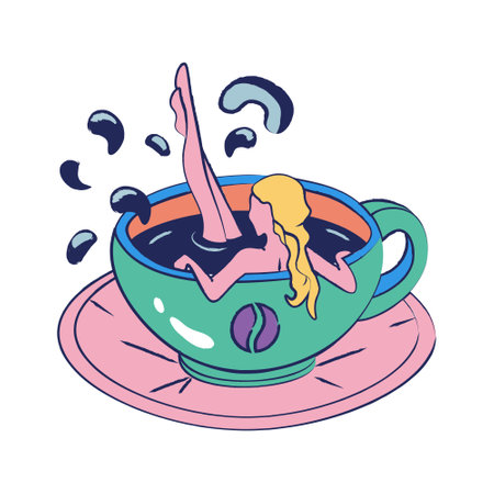 hand drawn girl bathing in a cup of coffeeのイラスト素材