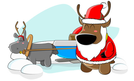 A cheerful deer dressed up as Santa Claus and is going to spread gifts to all the animals in the forestのイラスト素材