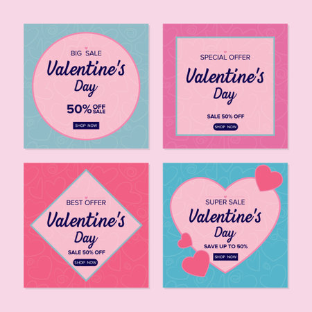 set of valentines day  post template with hearts on the background in four variations of circle, square, rhombus and heartのイラスト素材
