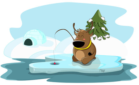 Cute deer decided to fish in the pond near his houseのイラスト素材