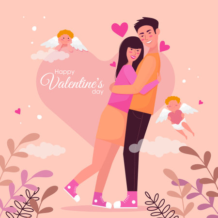 flat illustration of lovers for valentines day on the background of the heart of angels and branches with leavesのイラスト素材
