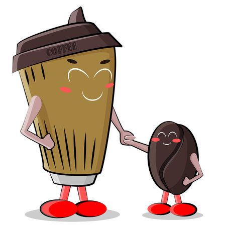 Cute cup and baby coffee bean holding handlesのイラスト素材