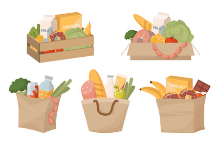 grocery set vegetables fruits corn flakes sweets and drinks in bagsのイラスト素材