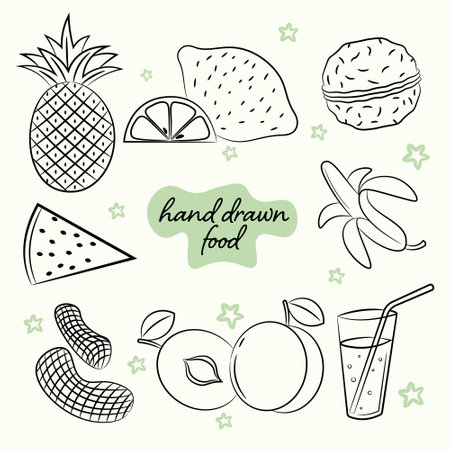 a set of hand drawn fruits and nutsのイラスト素材