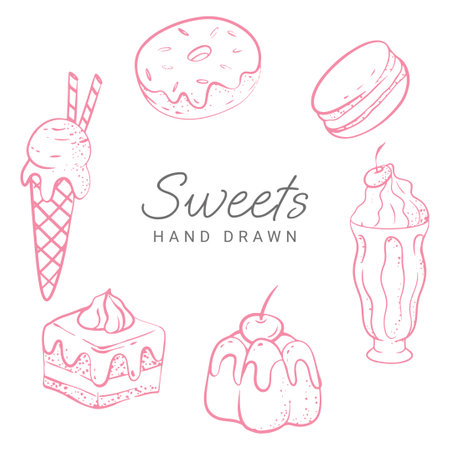 hand drawn style pink sweets donut milkshake ice cream cake piece and macaronのイラスト素材
