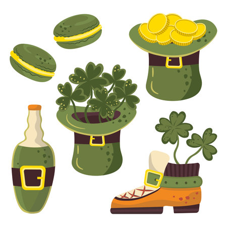 set of green illustrations leprechaun hat with coins of saint patrick clover macaroonのイラスト素材
