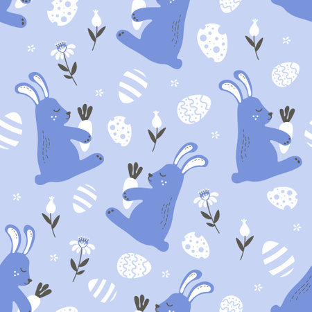 blue easter pattern with cute white hares with flowers and easter eggsのイラスト素材