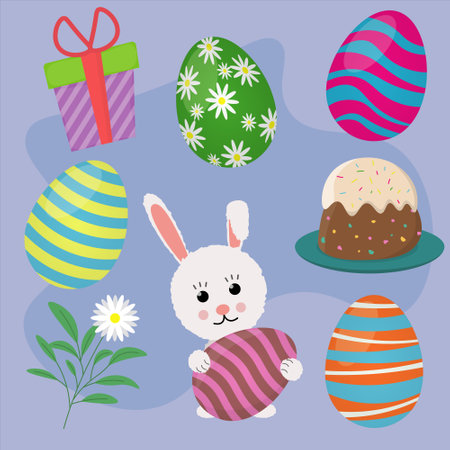 set of happy easter holiday with elements of eggs, holiday rabbit, gift, flower and easter cakeのイラスト素材
