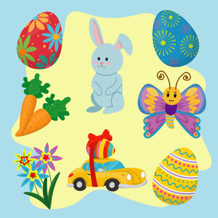 set of happy easter holiday with elements of eggs, flowers, butterfly, carrots, rabbit, car and eggのイラスト素材