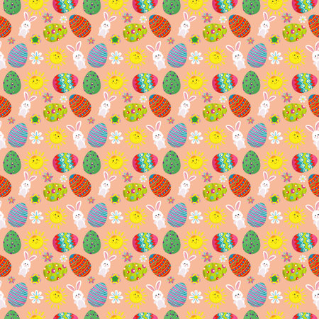 pattern image for happy easter holiday with elements of eggs, rabbit, flowers and sunのイラスト素材