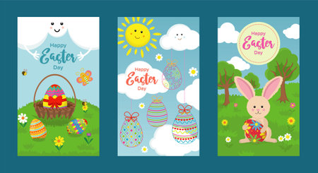 set of three banners for easter day with elements of holiday eggs, basket, happy sun in clouds and rabbit in the meadowのイラスト素材