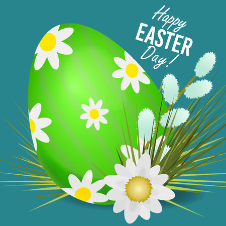 cute green egg with daisies on a turquoise backgroundのイラスト素材