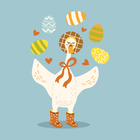 cute goose in boots and hat juggling easter eggsのイラスト素材