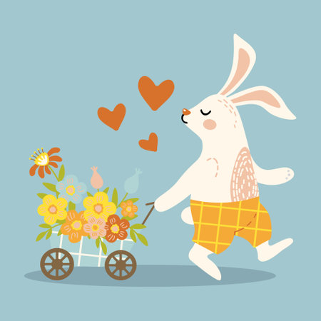 cute easter bunny pulling a cart of flowersのイラスト素材