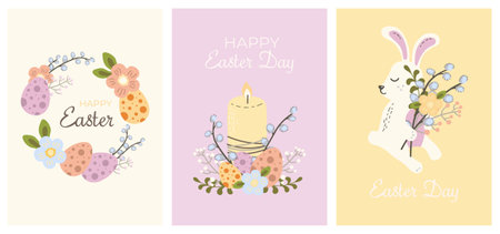 set of cute happy easter day greeting cards bunny easter eggs flowers springのイラスト素材