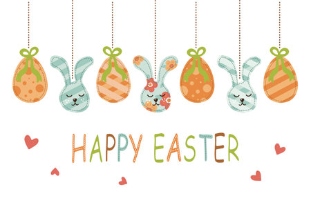 easter day greeting banner painted eggs on ropes with bunniesのイラスト素材