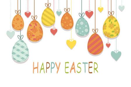 easter greeting banner easter painted eggs on ropesのイラスト素材