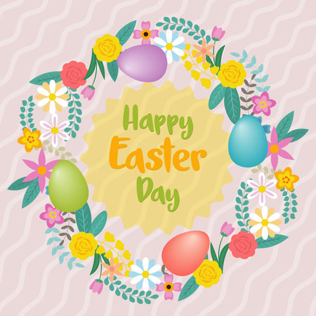 greeting card for easter day with many elements of flowers and holiday eggsのイラスト素材